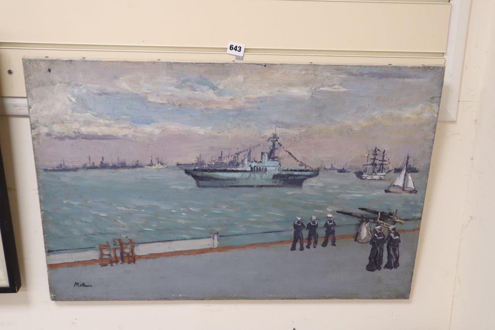 Lord Methuen, oil on canvas, Spithead Review 15th June 1953, The Surprise with HM The Queen on board, coming into view before the